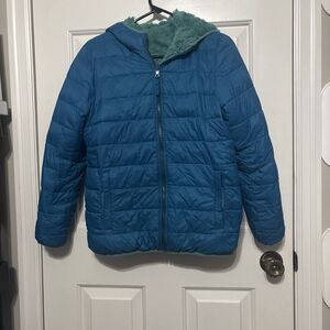 Lands End Youth XL 14/16 Reversible Thermoplume Fleece Jacket Blue Girls